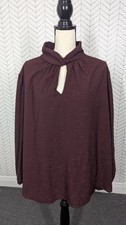 Nine West Blouse 3X Burgundy Balloon Sleeve Witchy Keyhole Top Sparkle Textured