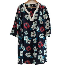 Talbots Women’s XL Floral Hawaiian Dress Beaded V-Neck 3/4 Sleeve Red,White,Blue
