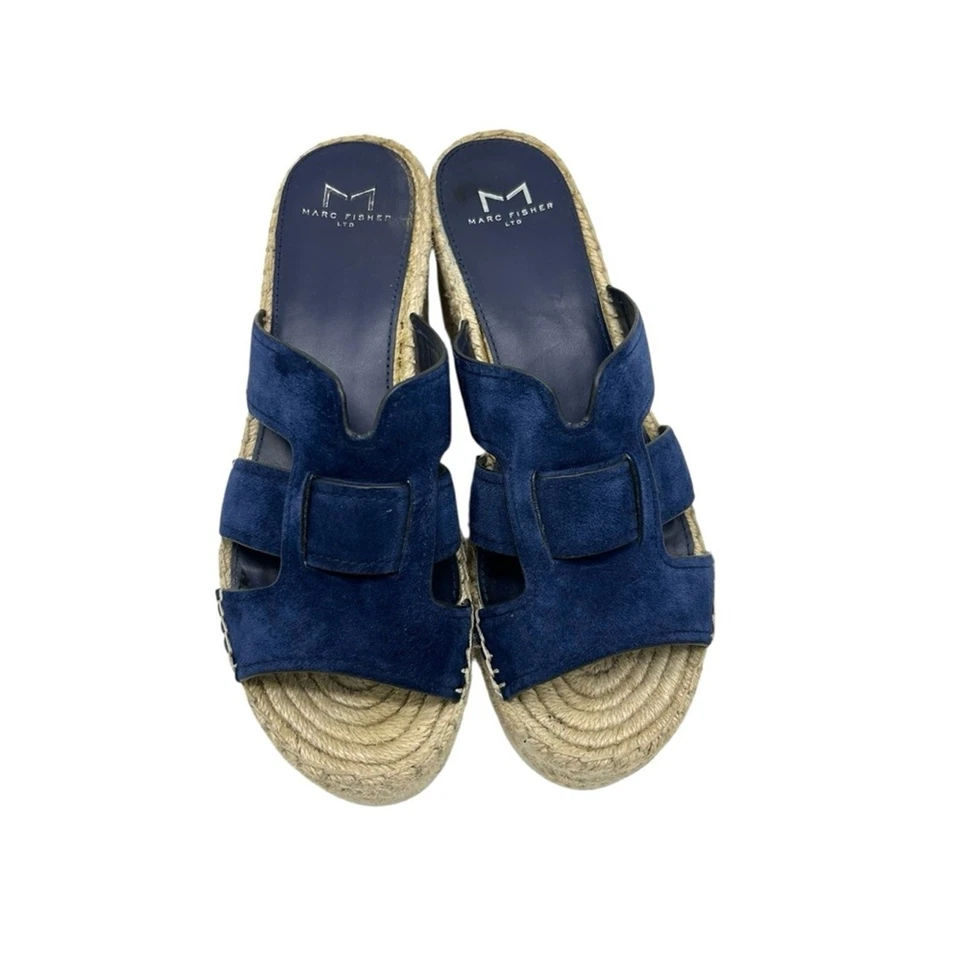 Marc Fisher Robbyn Espadrille Wedge Sandals Size 7 Navy Blue Suede Jute Platform - Image 2 of 4