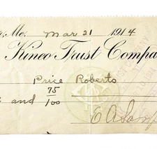 1914 Kineo Trust Company Bank Check E.A. Sampson Dover Maine Signed 6214 CHX7