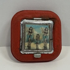 Vtg 1950s Hula Girl Travel Ashtray Red Metal Holographic Hawaii Souvenir MCM
