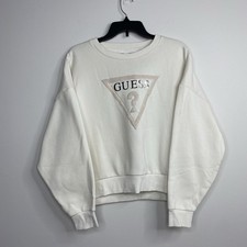 Guess Rhinestone Ponie Hair Logo Medium Fleece Sweatshirt Cream-White Cropped