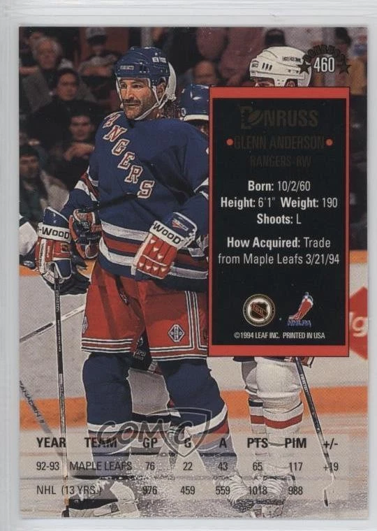 1993-94 Donruss Glenn Anderson #460 HOF - Image 2 of 2