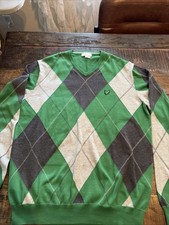 Lyle  Scott Sweater Mens XL Gray Green Argyle Pullover Jumper V-Neck Casual