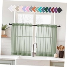 Small Sheer Curtains 2 Panels Set, Kitchen 42"W x 36"L Pack of 2 Sage Green