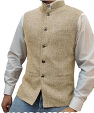 Mens Herringbone Wool Vests Suit Business Tweed High Collar XX-Large Champagne