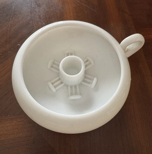 Vintage White Milk Glass Chamberstick Candle Holder Finger Loop Grip Taper 5”