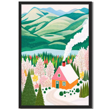 Cozy Cabin Framed Illustration Art Print Snowy Mountain Landscape Decor