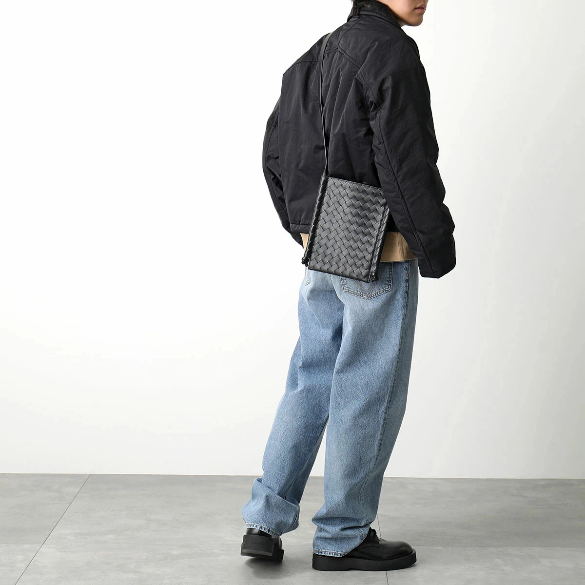 Bottega Veneta — BOTTEGA VENETA Men's Small Flat Loop Intrecciato Shoulder Bag in Black-Silver