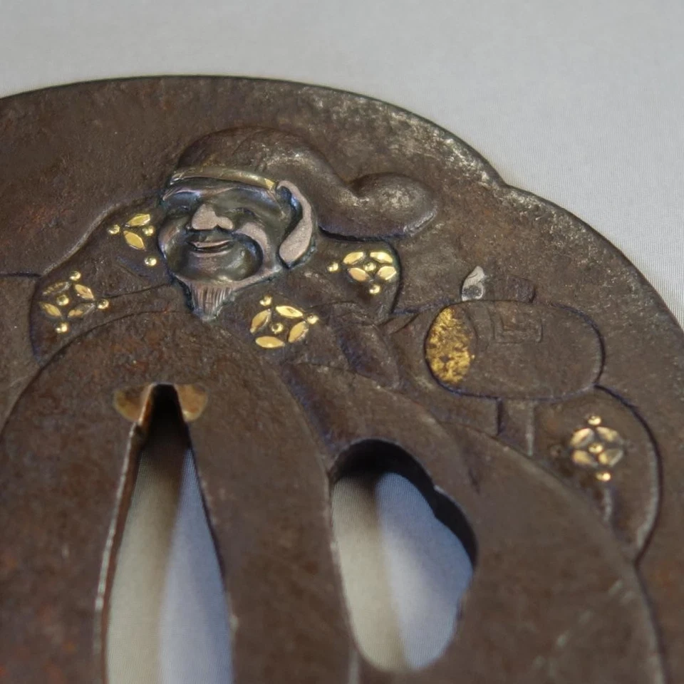 Edo Period Japanese Iron Tsuba Daikokuten Gold Silver Inlay Samurai Sword Guard - Image 3 of 4