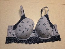 Cacique Bra 44D Lightly Lined T-shirt Bra Navy Blue White Floral Underwire