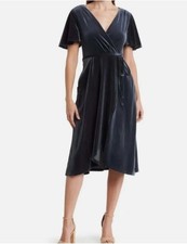 Vince Camuto Blue Gray Flutter Sleeve Velvet Velour Dress w/Tie Size 6 Evening