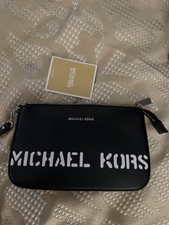 Michael Kors Zip Wristlet Medium Chain Pouchette Silver Leather  
