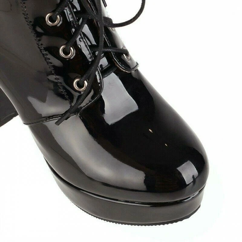 Botas al tobillo de charol brillante de tacón alto para mujer Zapatos de caballero de plataforma Foto 4 de 4