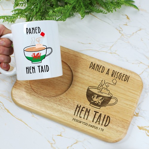 Personalised Taid Welsh Grandad Tea & Biscuits Board Wooden Snack Tray & Mug - Picture 9 of 18