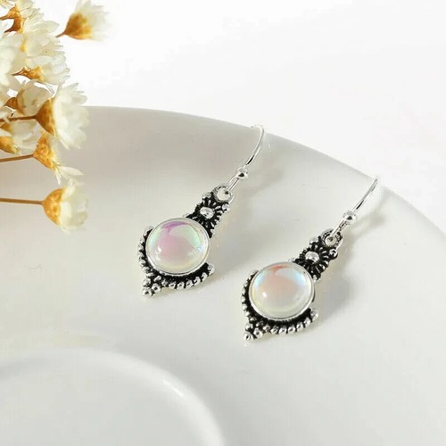 925 Silver Boho Natural Stone Moonstone Earrings Dangle Hook Drop Charm Women - Picture 3 of 7