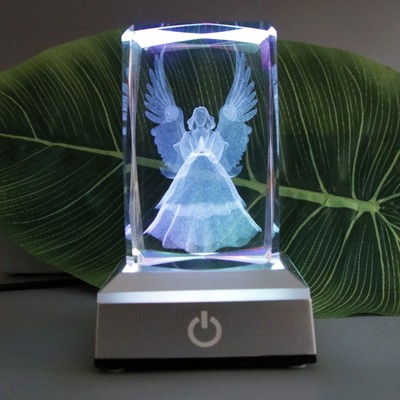 3D Laser Crystal Guardian Angel Figurine with Night Light Stand Base - 3D Eng...