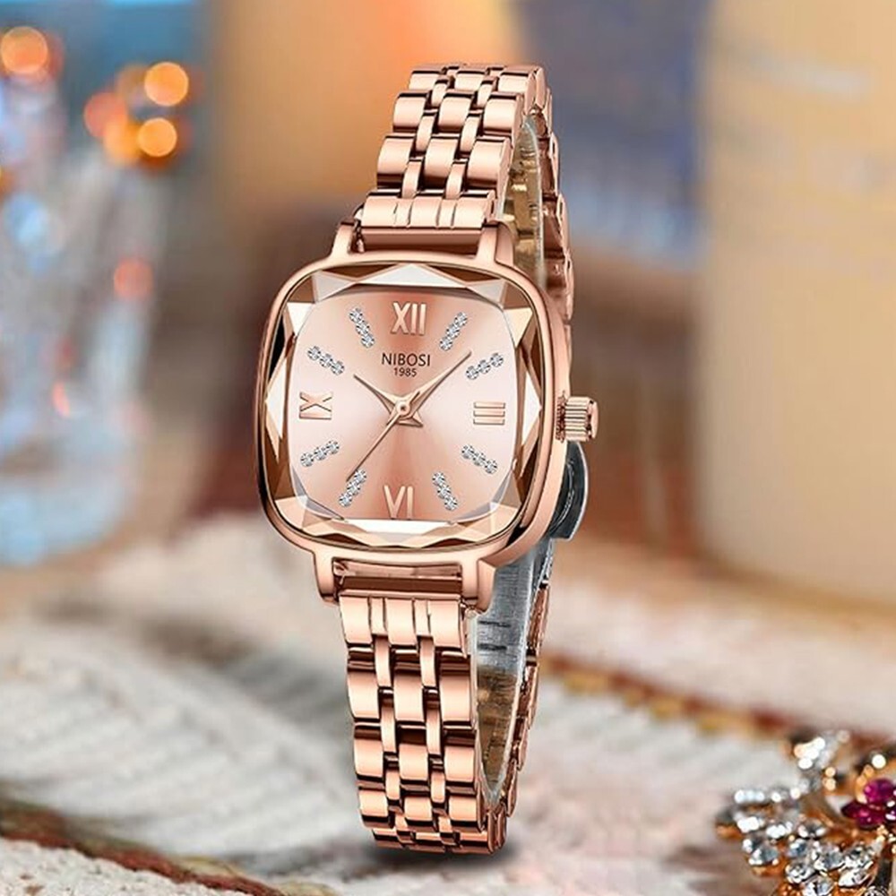 NIBOSI Edelstahl-Uhren Analog Roségoldband und quadratisches Zifferblatt  für