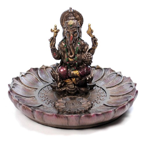 GANESHA ROUND INCENSE BURNER 3.5" Hindu Elephant God Resin Statue