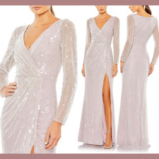 NWT $598 Mac Duggal [ 4 ] Sequined Faux Wrap Long Sleeve Gown in Lavender G1797