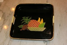 FuN Vintage 1980's Black Lacquer Look Plastic Tray! Fruit Pineapple Grape Banana