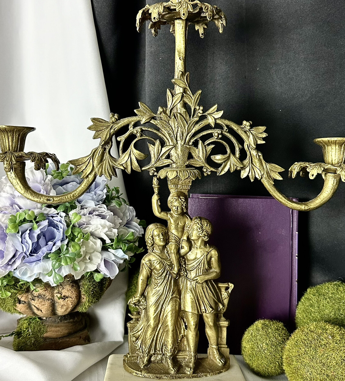 Antique Victorian Girandole Candlesticks Marble & Brass Family Figures