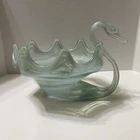SWAN Green Gold Blown Orange Glass Bowl Candy Sooner Swirls Murano Style Vintage