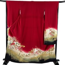 JAPANESE KIMONO FURISODE Red 164cm 5 ft 5 in PURE SILK AA8684