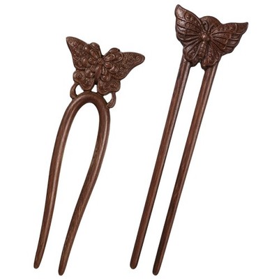 2 PCS Wooden Hair Sticks, Handmade Carved Wood French Hair Forks with Butterf...