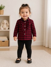 Ralph Lauren Toddler Girls Buffalo Plaid Ruffle Top Leggings Set Red Black NWT
