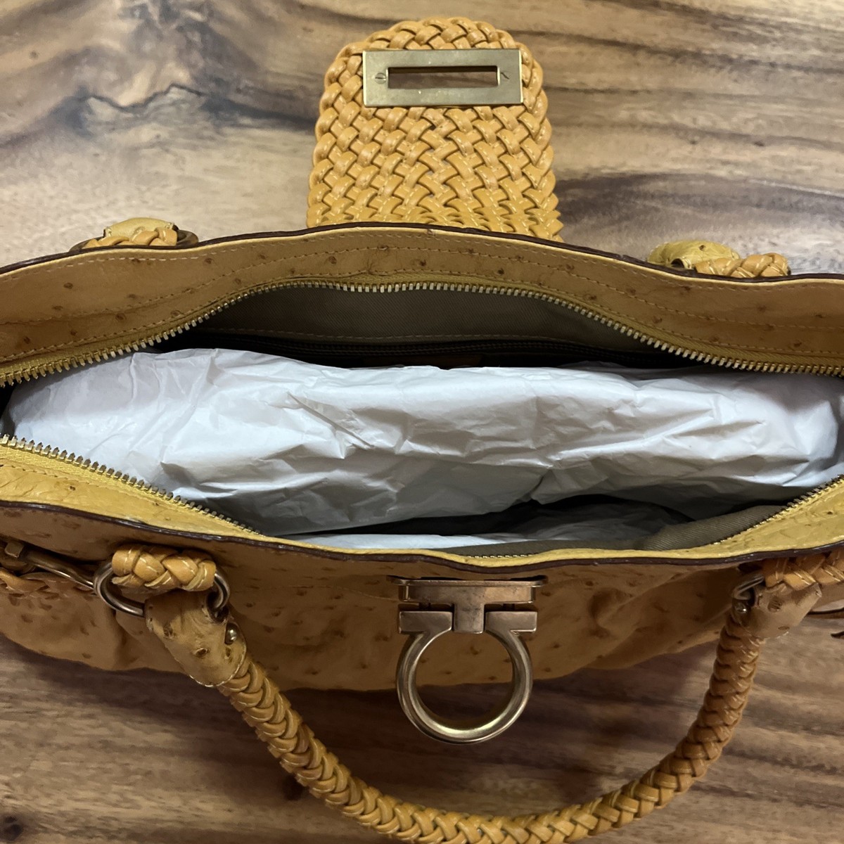 Salvatore Ferragamo Zafferano Ostrich Leather Satchel Bag New w