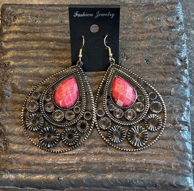 Earrings Antique Bronze Overtone Dangle Raspberry Gem Fun Costume Jewelry New
