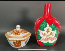 Vintage Tonala Mexico Pottery Lot Hand Painted Folk Art Vase & Covered Dish Bird