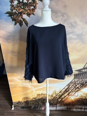 H&M Navy Blue Wide Cut Top Sheer Fringe Shag Petal Textured Sleeves Size 12 L