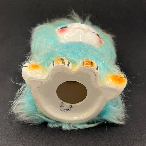 Very Rare Japanese Kitsch Blue Kitty Cat Ceramic & Fur With Big Eyes - Picture 9 of 10