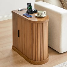Small End Table, Narrow Side Table, Skinny Nightstand with Charging Station, Mid