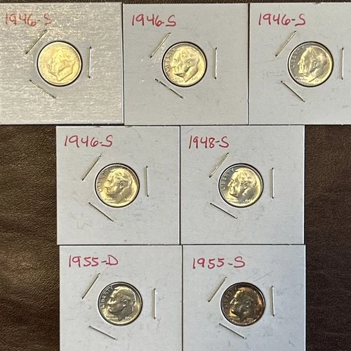 7 (Lot) UNC D/S Roosevelt Silver Dimes including 55D/55S /1/2 Troy oz Silver