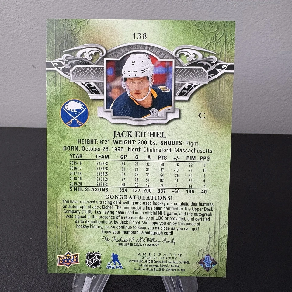 2020-21 Upper Deck Artifacts Stars Material Purple /10 Jack Eichel #138 Auto NHL - Image 2 of 2