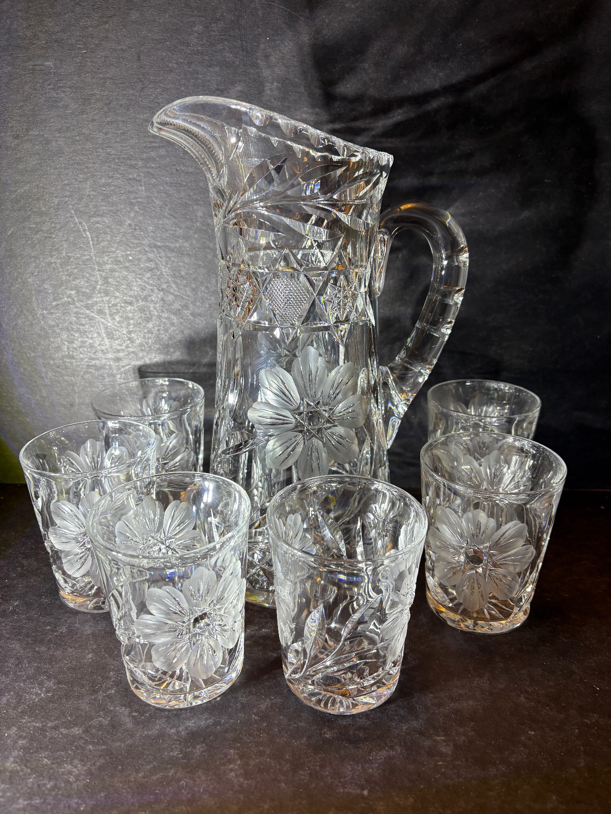 ABP, Cut Crystal, Etched Pitcher with SIX Matching Tumblers, FLORAL
