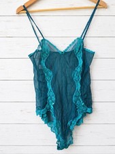 Vintage Blush Sheer Teal Lace Trim Teddy Lingerie Size M
