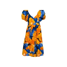 Tabitha Brown Dress Womens Size 10 Blue Orange Puff-Sleeve Midi Tie Back Vintage