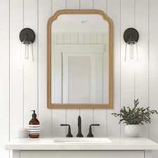 Wood Frame Wall Mirror Rounded Corner Arch Rectangle Mirror for Entryway, Liv...