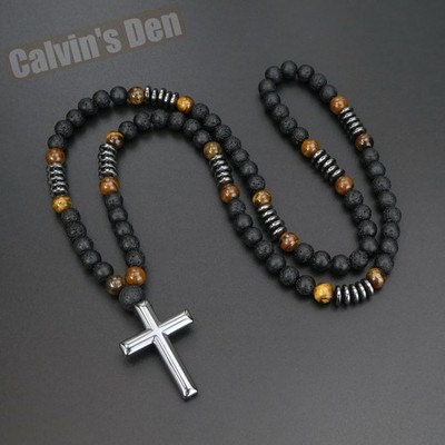 Lava Stone Tiger Eye Black Hematite Cross Pendant Necklace Men Women Gift