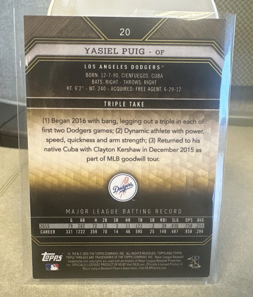 2016 Topps Triple Threads - Yasiel Puig #20 - Gold Refractor 42/99 - Dodgers - Image 3 of 3