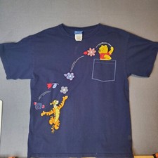 Navy Blue Disney Winnie The Pooh Tigger Piglet Faux Pocket Tee Shirt Sz M - READ