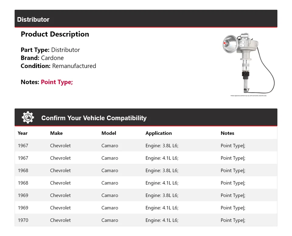 Для 1967-1970 Chevrolet Camaro дистрибьютор Cardone 1968 1969 - Изображение 2 из 4