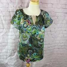 talbots blouse sz 10 bright paisley floral print preppy office business casual