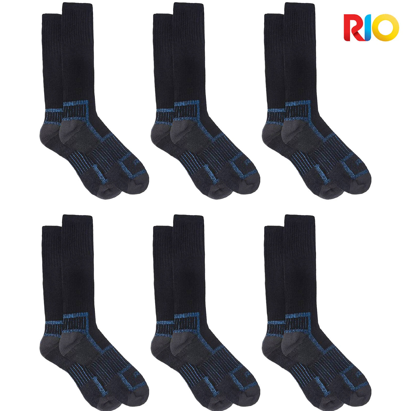 6 Pair Rio Reinforced Steel Cap Boot Crew Mens Thick Work Socks Black Blue Bulk