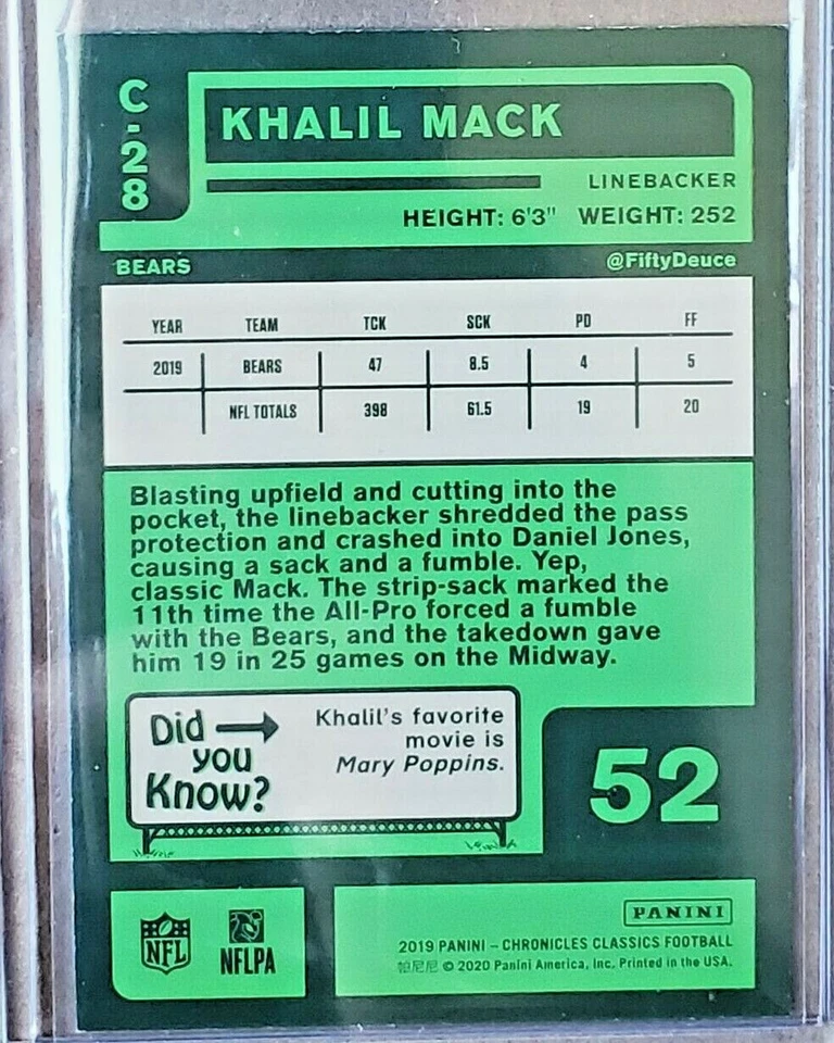 2019 Panini Chronicles Classics Red Khalil Mack Chicago Bears #C-28 191/199 - Image 2 of 2