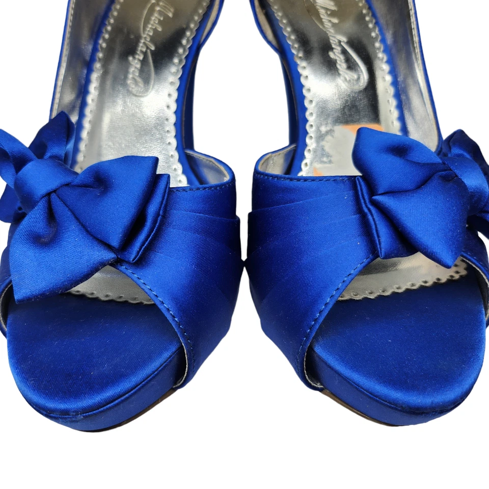 Tacones azules satinados para mujer 6 pajaritas peep toe D'Orsay elegantes graduación noche formal Foto 4 de 4